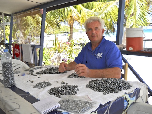 Thierry fait le premier tri d'une récolte de perle de Tahiti