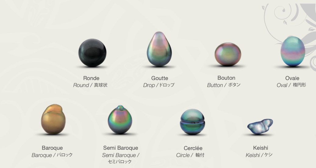 Les perles de Tahiti existent en plusieurs formes : ronde, semi-ronde, baroque, cerclée, goutte. La perfection absolue est rare et précieuse.