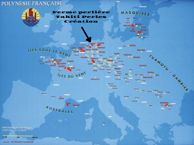 Carte de la polynésie française en superposition de la carte de l'europe.