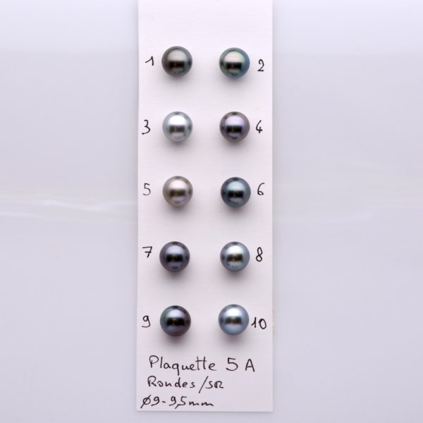 voici une plaquette comprenant 10 perles de tahiti rondes de diamètre 9 à 9,5 mm de qualité A, c'est de très haute qualités. Cette séléction a été faite pour que les clients puissent choisir des perles de Tahiti sur photo , on voit ici une grande diversité de couleurs entièrement naturelles. Des perles de Tahiti venant directement de ma ferme perlière de Manihi dans l'archipel des Tuamotu's