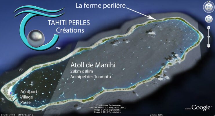 Voici une copie d'écran prise sur Google Earth montrant l'atoll de Manihi et l'emplacement de la ferme de Tahiti Perles Créations