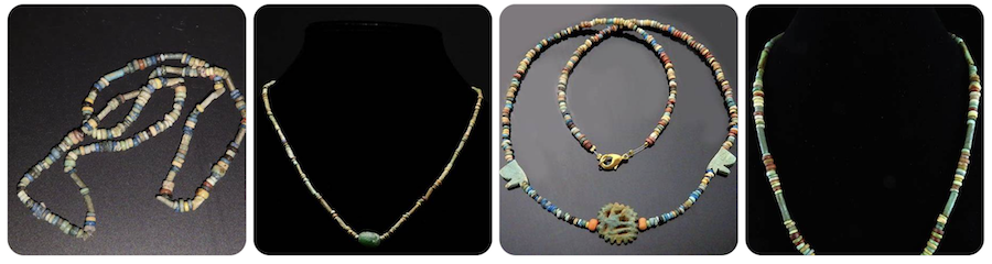 Les perles occupaient une place centrale dans la joaillerie de l'Égypte ancienne, symbolisant le statut social et la spiritualité. Elles étaient confectionnées à partir de matériaux tels que la faïence, le lapis-lazuli, la cornaline et la turquoise. Rien a voir avec les perles de Tahiti produites a partir de la greffe et l'élevage d'huîtres perlières dans le lagon de manihi ou se trouve la ferme de Tahiti Perles creation