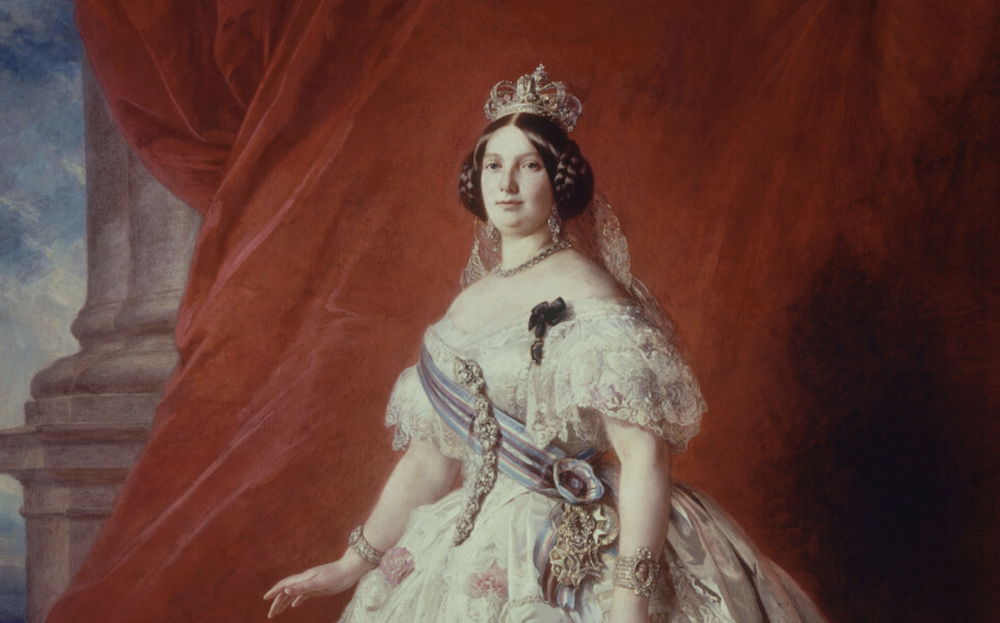 La perle noire à l'honneur au 19 ème siècle grâce à cette huile sur toile de la reine Isabelle II, peinte par Franz Xaver Winterhalter en 1852, montrant un portrait royal élégant et détaillé. © AKG-images/Album/Oronoz