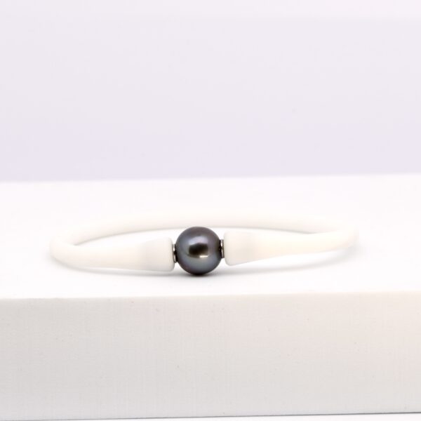 Polu bracelet perle en silicone blanc avec perle de Tahiti bleu roi semi-ronde de 10 mm, fait main en circuit court