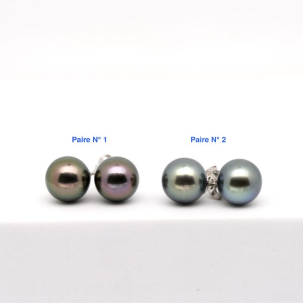 Boucles d’oreilles Hikueru en argent rhodié avec perles de Tahiti rondes 10,1 mm de qualité A, disponibles en vert ou vert aubergine.