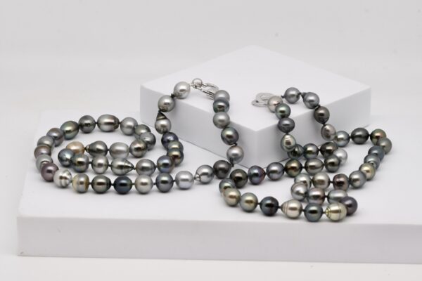 Photographié sur fond blanc, les colliers de perles Tetae et Maeaea se présentent en courbe douce, formé de perles de Tahiti semi baroques ou cerclées aux nuances naturelles variées : vert, gris, bleu, aubergine, bronze. Le montage à nœuds réguliers entre chaque perle assure un tombé souple. Les perles, de 10 à 11 mm, sont légèrement irrégulières, ce qui renforce leur caractère. À l’extrémité, un fermoir en argent 925 rhodié ajoute une touche sentimentale et brillante à l’ensemble.