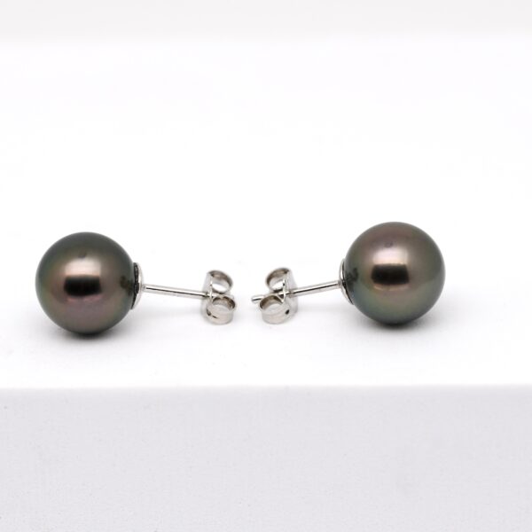 Boucles d’oreilles Reao en argent rhodié avec perles de Tahiti rondes 10,6 mm vert sombre et reflets aubergine, création Tahiti Perles Création.
