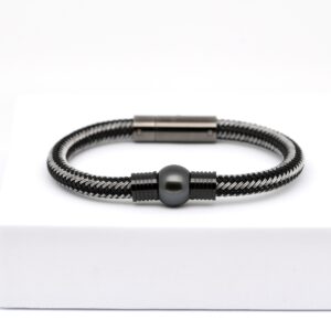 Bracelet Enoha pour homme avec perle de Tahiti 11,5 mm vert sombre bleu, bracelet acier moderne Tahiti Perles Création.