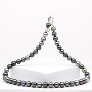 Collier Moerani en 48 perles de Tahiti rondes multicolores de 10 à 11 mm, 51 cm, fermoir argent 925 rhodié, lustre excellent, création Tahiti Perles Création.