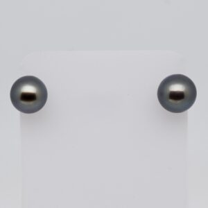 Boucles d’oreilles Rimatara perles de Tahiti rondes 9,2 mm vert bleu roi naturel sur clous argent 925 rhodié