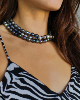 Collier Hawai 128 cm en perles de Tahiti cerclées et semi-baroques 9 à 11 mm avec fermoir bouée XL argent 925