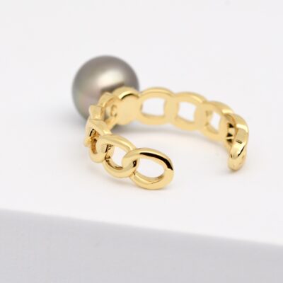 Bague Hemia gold filled jaune maillons soudés ouverte perle de Tahiti 9,2 mm gris vert Manihi