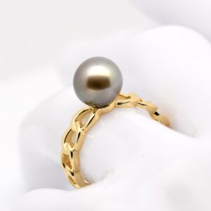 Bague Hemia gold filled jaune maillons soudés ouverte perle de Tahiti 9,2 mm qualité A gris vert direct Manihi