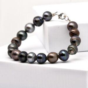 Bracelet Malu 17 perles de Tahiti cerclées 8-9 mm qualité C-D couleurs naturelles fermoir argent montage solide en câble acier Tahiti Perles Création Manihi