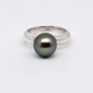 Bague en argent 925 massif perle de Tahiti verte ronde 10,9 mm de qualité A Manihi producteur artisan Marseille