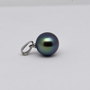 Pendentif argent 925 rhodié avec perle de Tahiti parfaite qualité GEM ronde 10,3 mm bleu nuit et vert intense Manihi. aucun défaut