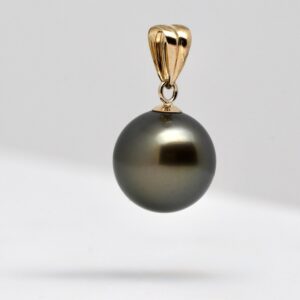Pendentif Noelani perle de Tahiti ronde parfaite de 10,3 mm vert tilleul qualité Gem bélière or jaune 9k
