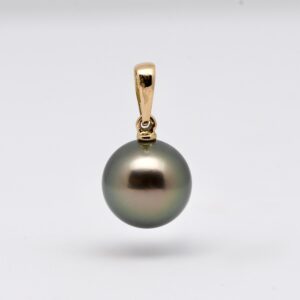 Pendentif perle de Tahiti ronde GEM 10,1 mm vert tilleul naturelle bélière or jaune 9k origine Manihi.
